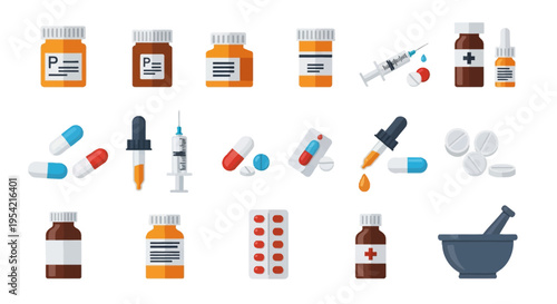 Flat design medical icons set featuring prescription pill bottles, syringes, capsules, tablets, blister packs, medicine droppers, and a mortar and pestle on a plain white background.