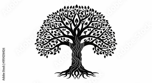 Black vector illustration of a tree of life with a gnarled twisted trunk, symmetrical dense leafy canopy, and intricate root system, isolated on a white background, tribal style.