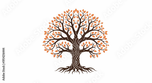 Stylized tree of life vector with gnarled dark brown branches, orange autumnal leaves, and intricate root system isolated on white, symbolizing nature, growth, and ancestry.
