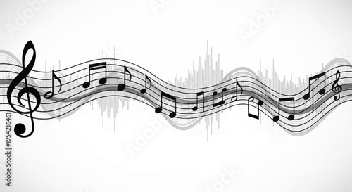 Vector illustration featuring a monochrome wavy musical staff with flowing black notes, a treble clef, and an abstract grey sound wave frequency pattern on a white background.