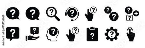 Question mark icon button set including asking, problem, confusion, query, information, FAQ, help, support, and advice for digital interfaces, websites, and user assistance vector illustration