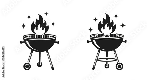 Black and white vector set of two charcoal barbecue kettle grill icons with fire flames and decorative stars. One grill features a rotisserie skewer. Isolated on white background.