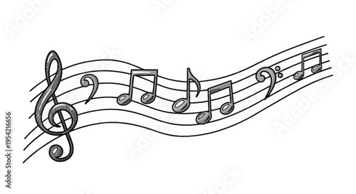 Hand-drawn music notes on a wavy five-line staff featuring a treble clef, bass clef, eighth notes, and beamed notes in a black and grey sketch style isolated on white.