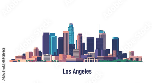 Horizontal vector illustration of the Los Angeles city skyline featuring downtown skyscrapers including the US Bank Tower in a flat geometric design style on white background.
