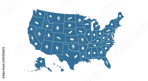 Flat vector illustration of the United States map in blue color with white state borders and symbolic icons representing state flowers, leaves, and stars on a white background.