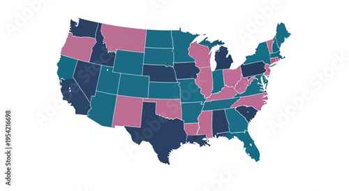 Vector illustration of the United States of America map with individual state borders shown in a modern color palette of navy blue, teal, and dusty pink on a white background.