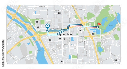 Detailed City Map with Route Overlay and Points of Interest.