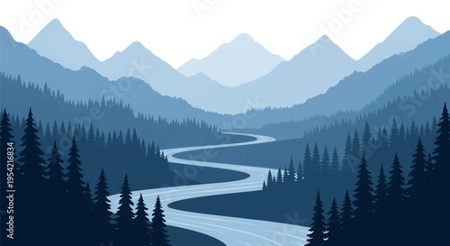 Monochromatic blue landscape illustration featuring a winding river flowing through a dense pine forest valley with layered mountain peaks and misty atmosphere.