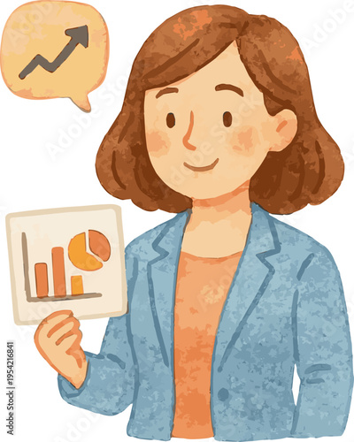 Watercolor painted vector illustration of a female marketing specialist with graphs