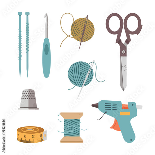 Collection of various sewing and crafting tools and supplies, all isolated