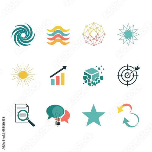 Collection of various, simple, colorful, flat, minimalistic, icon illustrations