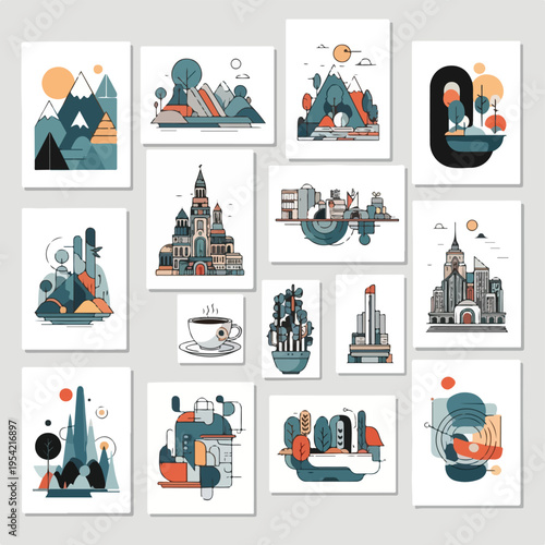 Collection of various stylized landscape & urban illustrations on white background
