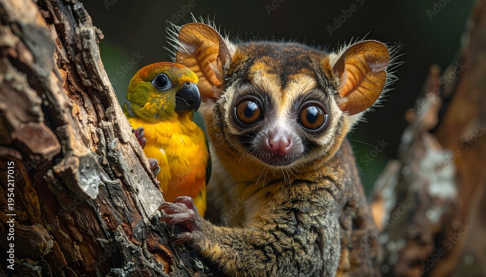 Fototapeta premium Adorable Spectacled Owl and Lemur in a Lush Forest Habitat.