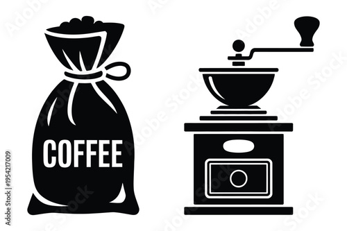 Coffee bag and grinder icons vector illustration