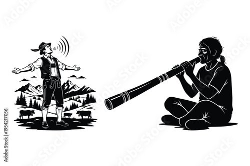 Yodeler and didgeridoo player icons vector with wind instrument
