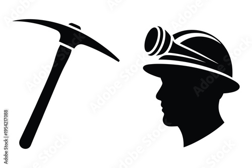 Pickaxe and miner helmet icons vector illustration