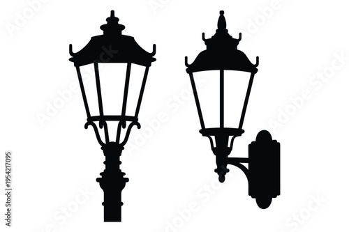 Classic street lamp and wall light silhouette icons with lamp post
