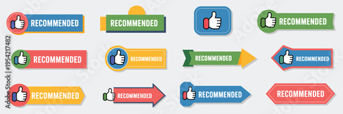 Recommended banner vector set featuring best recommendation badge, bestseller tag, top rating advice banners, and colorful thumbs up icons for product promotion, marketing, and customer approval