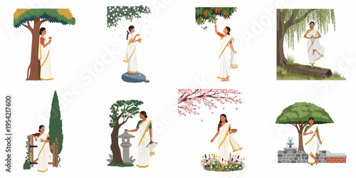 Set of illustrations featuring a traditional Indian woman in a white saree engaged in various serene outdoor activities in nature.