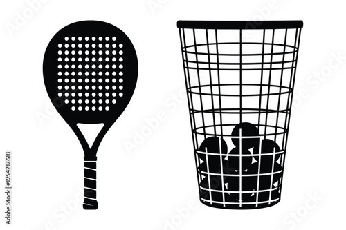 Paddle racket and ball basket illustration with black and white