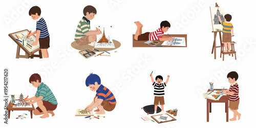 Illustration set of young boys creatively drawing and coloring famous Asian architectural landmarks, temples, and monuments using various art materials on a white background.