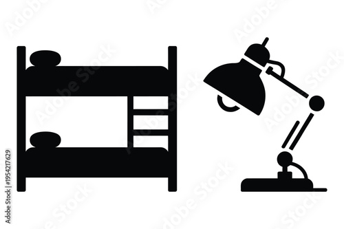 Bunk bed and desk lamp icon set silhouette