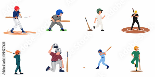 Set of various young baseball players in different poses, including batting, running, and standing, wearing colorful team uniforms and helmets.