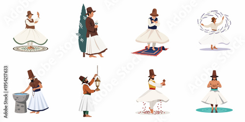 Collection of Sufi Whirling Dervish illustrations depicting various spiritual practices, rituals, and the Sema dance in a clean, flat vector style.