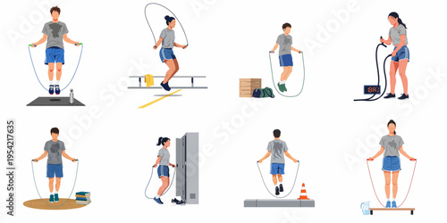 Collection of diverse people engaged in jump rope and battle rope exercises in various indoor and outdoor settings for fitness and health