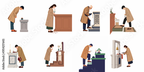 Vector illustrations depicting various people in solemn acts of prayer, mourning, and religious rituals at altars and memorial sites.
