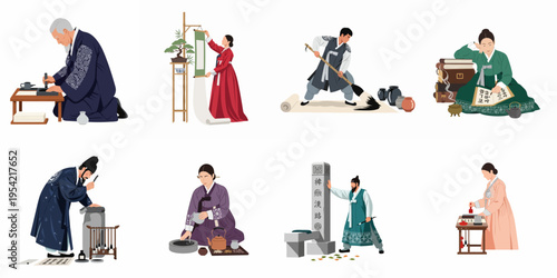 Collection of illustrations featuring people in traditional Korean hanbok engaged in calligraphy, painting, reading, and tea ceremony activities on a white background.