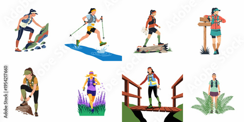 Set of eight flat vector illustrations of female trail runners participating in various outdoor activities like mountain running, hiking, and trekking.
