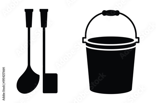Fireplace tools and bucket icon silhouette