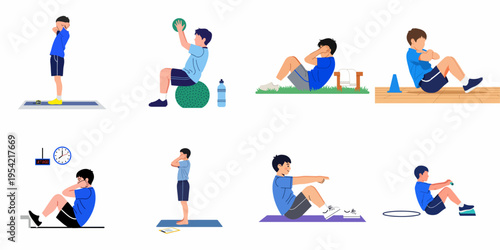Flat illustration set of a young boy performing various abdominal exercises, sit-ups, and core workouts in different fitness settings.