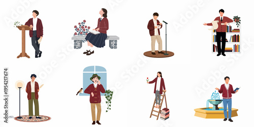 Collection of poetic and academic character illustrations featuring students reading, writing, and performing in classic preppy style on white background.
