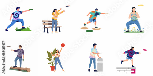 Diverse group of people in colorful tie-dye shirts playing with flying discs and frisbees, flat vector character set on white background.