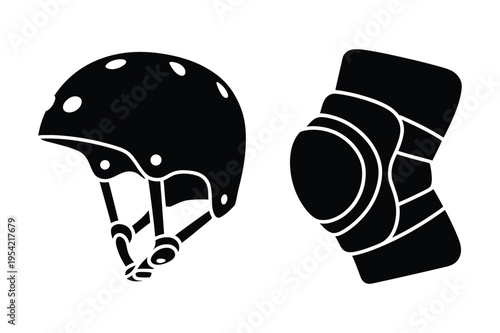 Helmet and knee pad icon silhouette