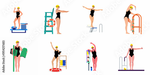 Collection of flat vector illustrations featuring female swimmers and instructors with pool equipment, including starting blocks, kickboards, and lifebuoys on a white background.