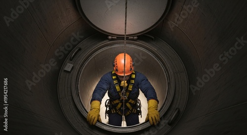 Man wearing safety gear entering confined space.