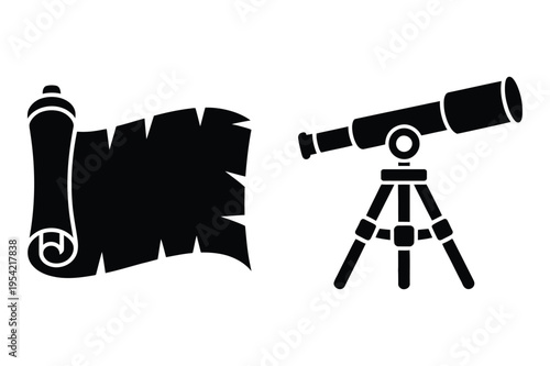 Telescope and scroll silhouette icons