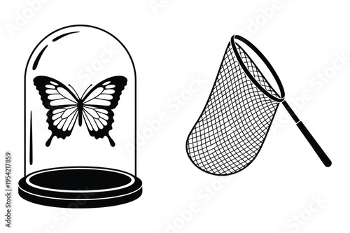 Butterfly in jar and net silhouette