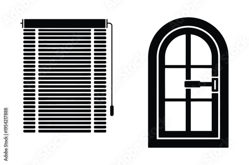 Window blind and arched window frame silhouettes home decor icons