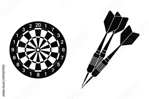 Dartboard and darts black silhouette icon set for game and sport