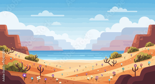 Pixel Art Desert Oasis Landscape with Cacti and Flowers by the Ocean