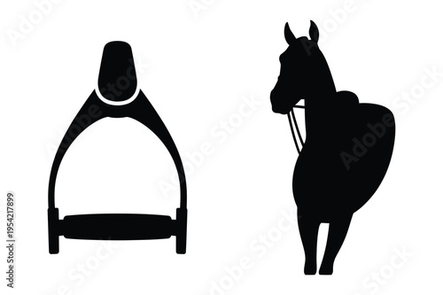 Stirrup and horse silhouette icons equestrian sport graphic elements