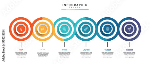 A colorful infographic design template with six circular targets and a modern layout
