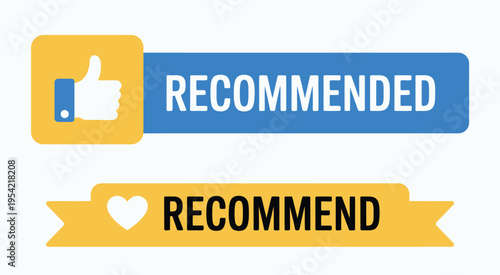 Recommended notification vector illustration featuring thumbs up and heart icons representing approval, like, favorite, customer satisfaction, engagement, positive feedback, and social interaction for