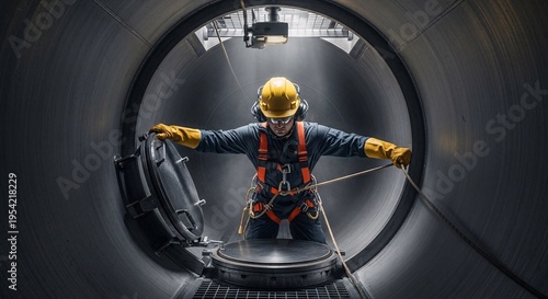 Worker in safety gear inside large industrial pipe.