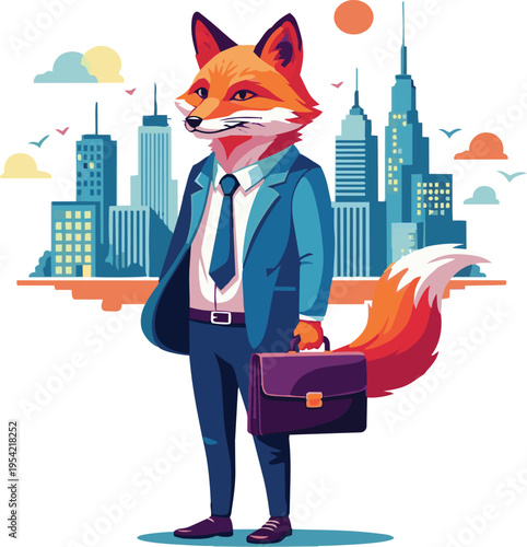 City Fox: A sophisticated anthropomorphic fox, impeccably dressed in a business suit, confidently stands against the backdrop of a bustling cityscape, carrying a briefcase.