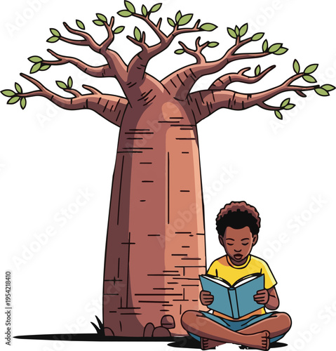 Reading Beneath the Canopy: A young individual finds solace and knowledge while immersed in a book beneath the protective shade of a majestic tree.